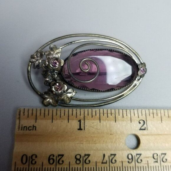 Vintage Sterling Silver Oval Purple Glass Floral Brooch, Retro Lapel Pin, Estate - Picture 5 of 7